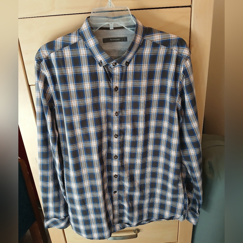 7 Diamonds Men's Blue and Brown Plaid Shirt Sz L